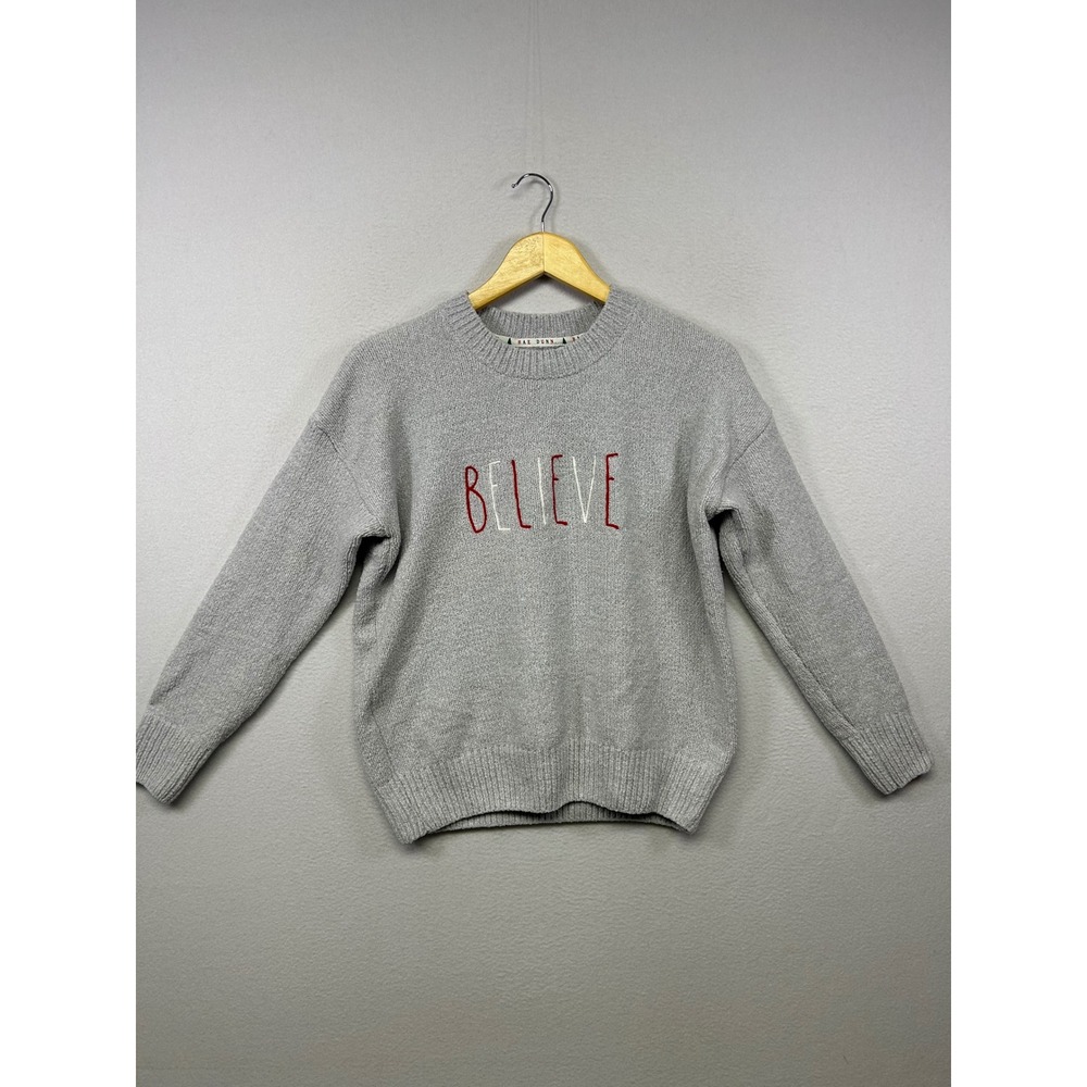 Holiday Christmas Rae Dunn Womens Large Grey Believe Embroidered Knit Sweater